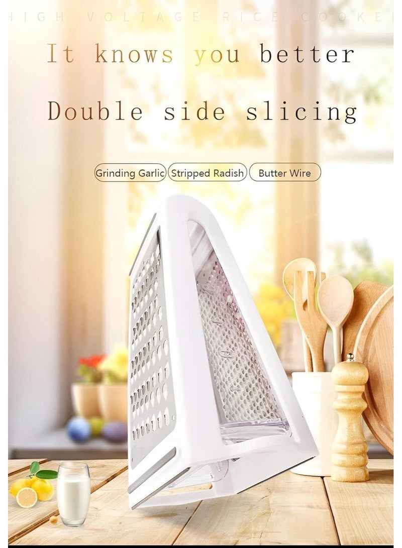 مبشرة جبن مزدوجة الجوانب من الفولاذ المقاوم للصدأ، تتضمن وعاء تخزين، أداة تقطيع وبشر خضروات البارميزان، سهلة التنظيف، متعددة الاستخدامات، أداة يدوية لتحضير الطعام، أداة منزلية، سعة 480 مل (أبيض) - Image 2